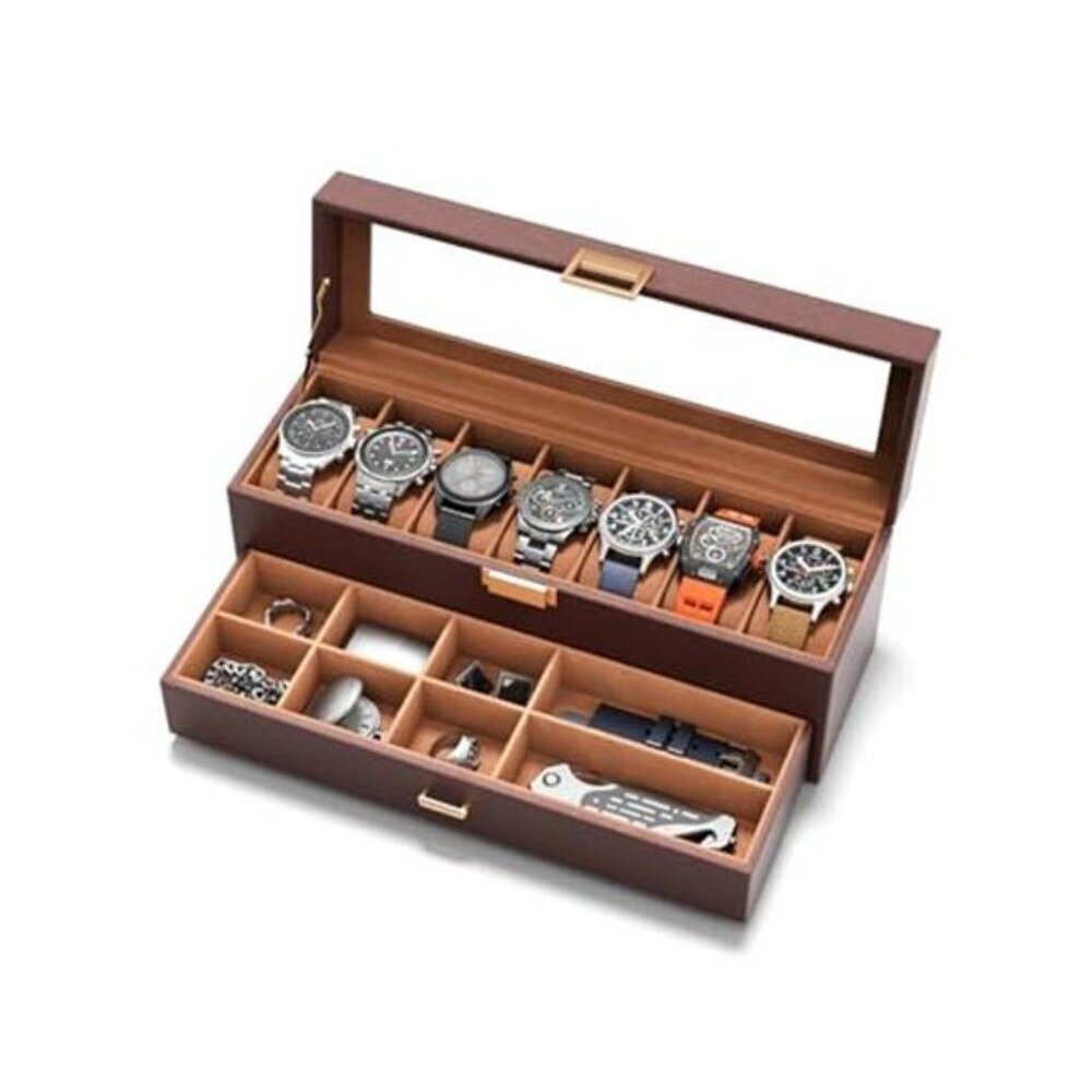 Watch Organizer Box 7 Slots Men Real Glass Display